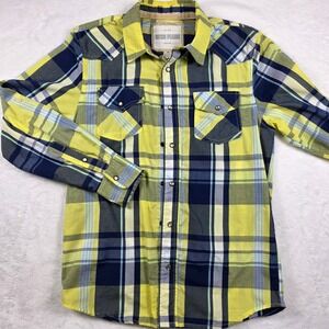 Ditch Plains Western Shirt Mens Medium Yellow Navy Plaid Pearl‎ Snap Excellent